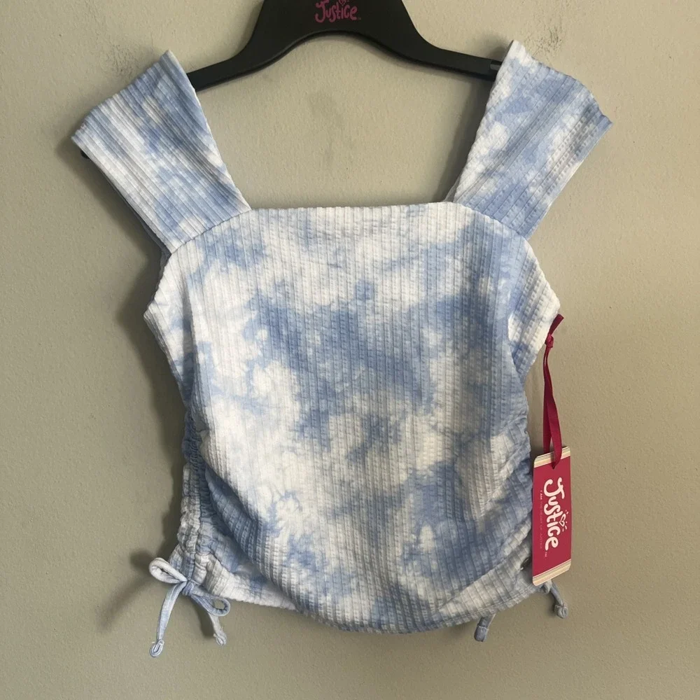 T-shirt Girls Tie-Dye Cap Sleeve Square Neck Ruched Blue/White S 7-8  New